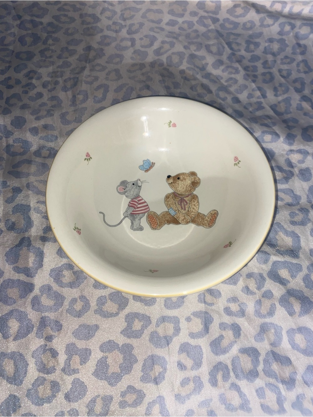White Ceramic Bowl with Teddy Bear and Mouse Illustration
